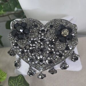 Large Vintage Gunmetal Rhinestone Heart Brooch with Floral Charms